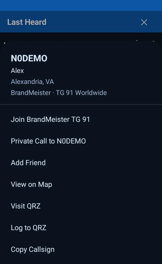 A caller sheet with Join, Private Call, Add Friend, View on Map and QRZ actions