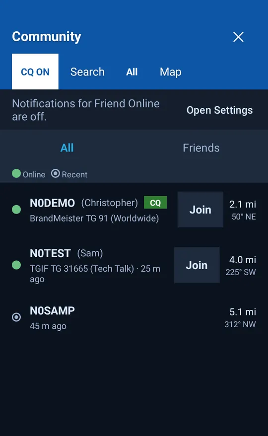 Community: operators online with network, talkgroup, distance and a Join button