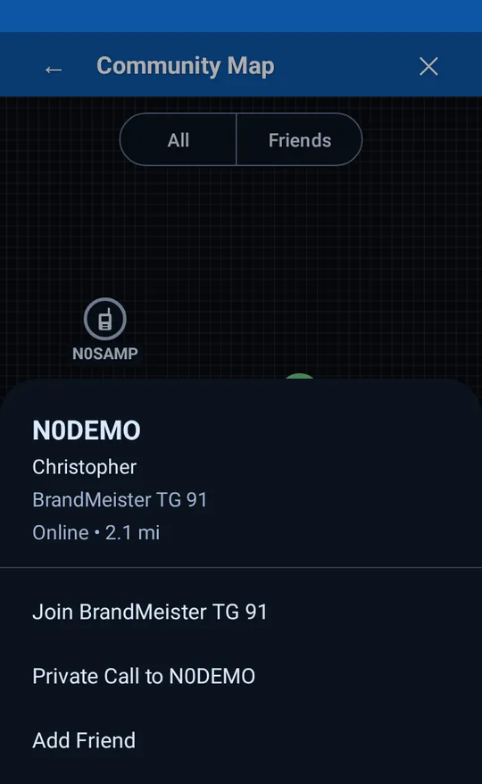 The community map with an operator selected and actions to join or call