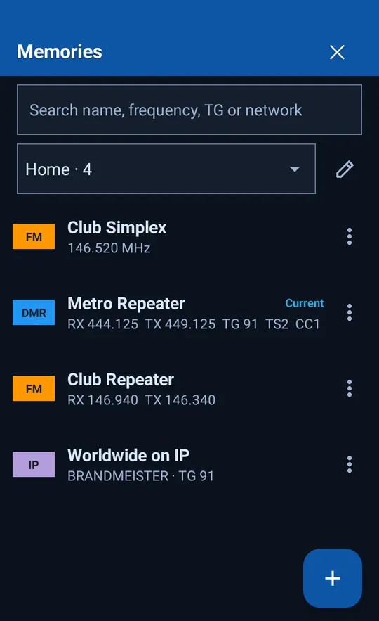 The memories list: a Home zone holding FM, DMR and network channels together