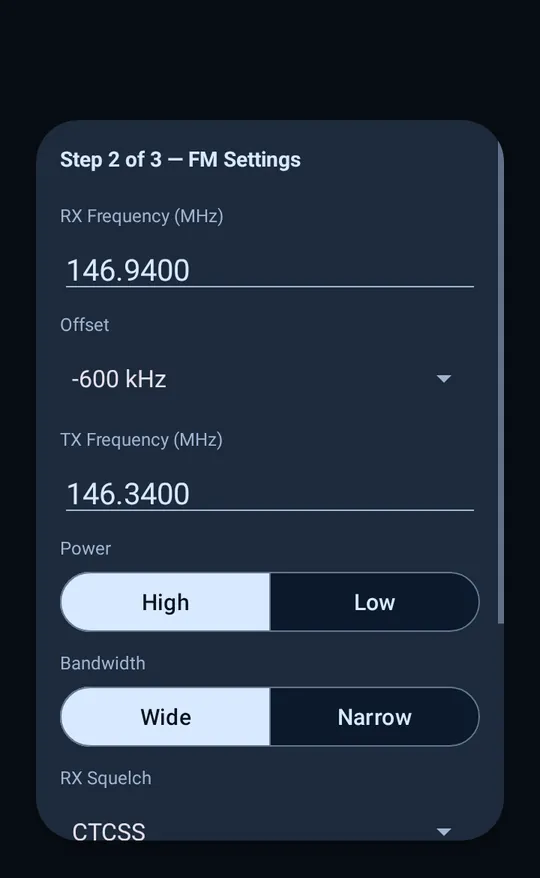 The memory editor for an FM channel: frequency, offset, power, bandwidth and squelch