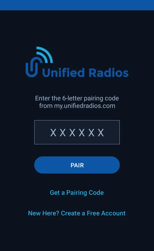 The pairing screen: enter the six-letter code from the portal