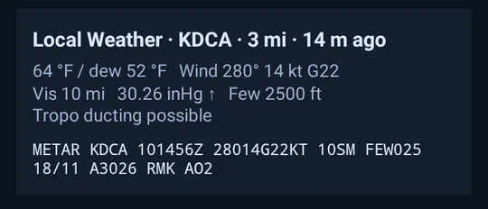 The local weather card with the decoded report and the tropo line