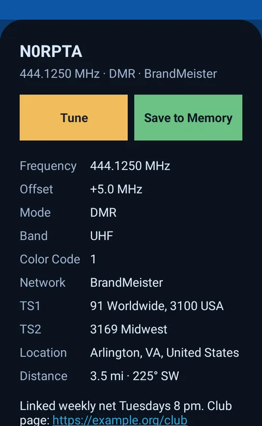 Details of a DMR repeater: color code, network and talkgroups on each timeslot