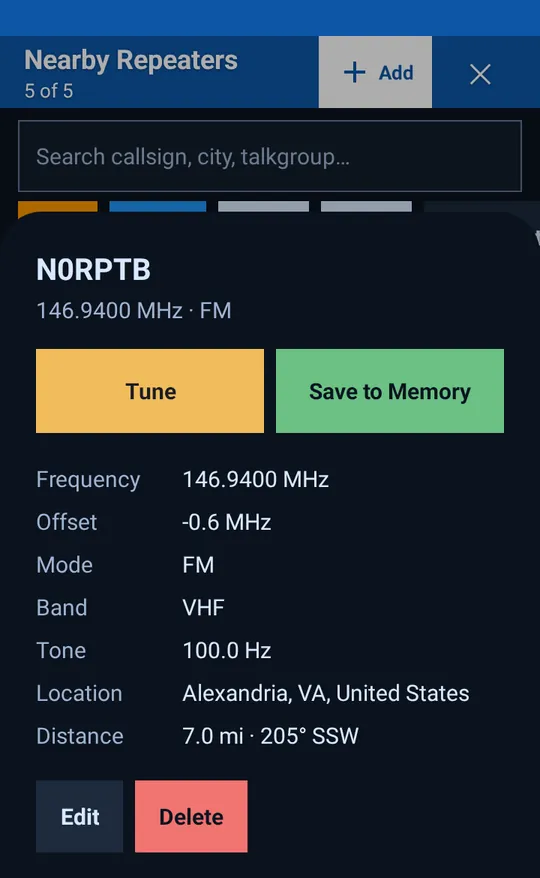 Repeater details for an FM repeater with Tune, Save to Memory, Edit and Delete buttons