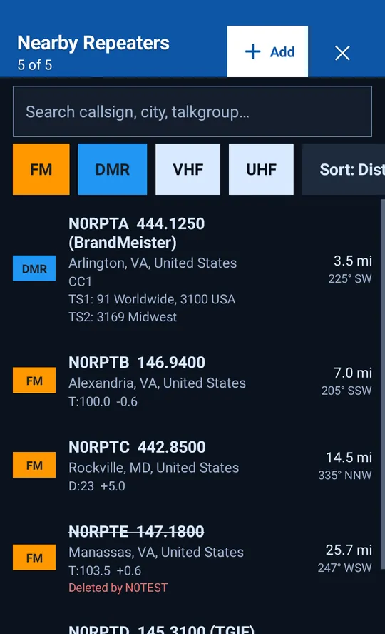 The nearby repeater list with FM, DMR, VHF and UHF filters, sorted by distance