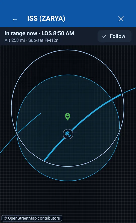 The satellite map with the ground track and the footprint of the space station