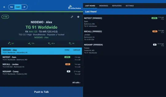 The two-pane tablet layout: the radio face beside the Last Heard list