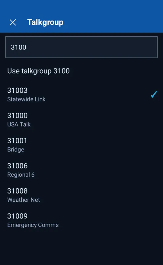 The talkgroup picker, searching by number or name